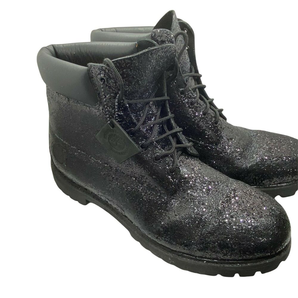 Timberland Men's Black Glitter Lace Up Ankle Block Heel Combat Boots size 15 W